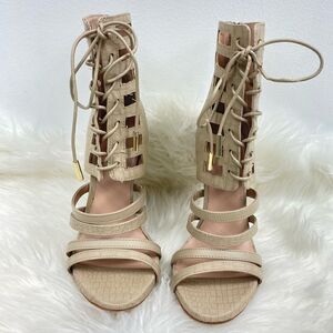 bebe | strappy open toe sandal stiletto 7.0 cream 4” heel back zipper closure